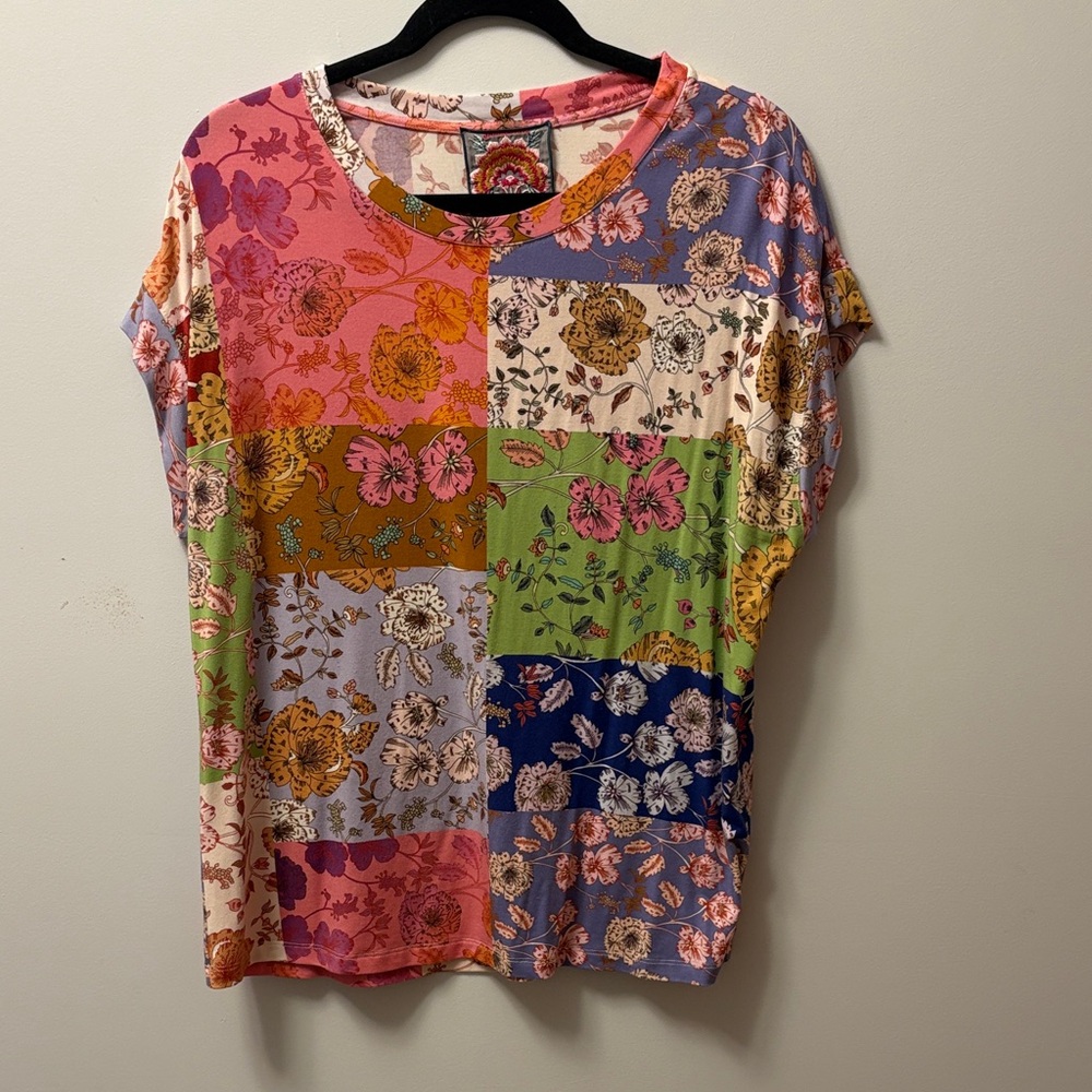 Johnny Was Multicolor Patchwork Short Sleeve Top - image 1